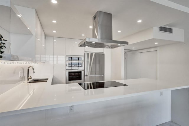 kitchen featuring appliances with stainless steel finishes, island range hood, white cabinetry, modern cabinets, and a sink