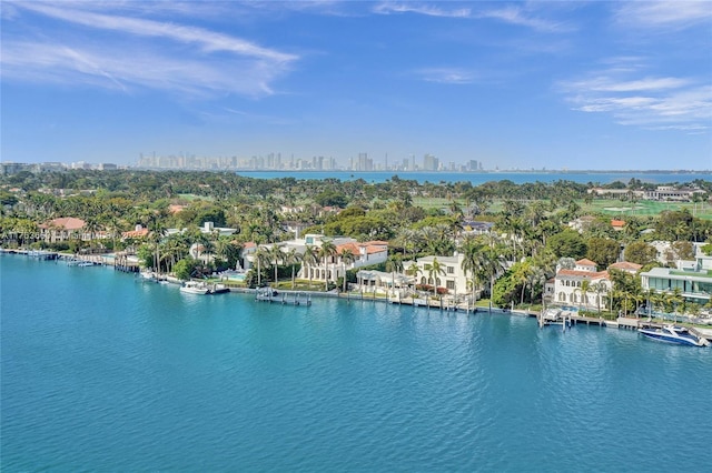 birds eye view of property featuring a city view and a water view