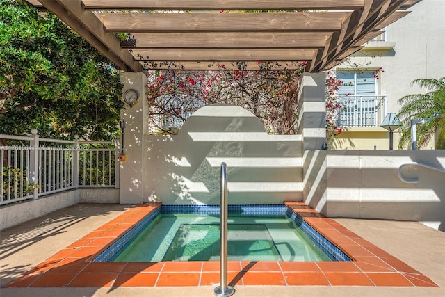 view of swimming pool featuring a patio, fence, and a pergola