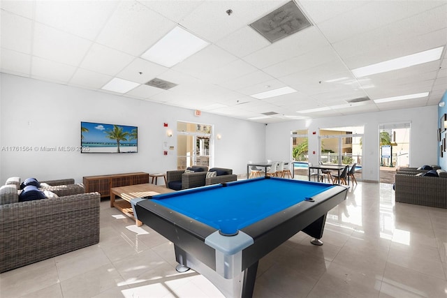 rec room featuring light tile patterned floors, visible vents, a paneled ceiling, and billiards