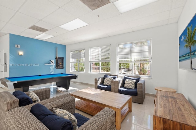 playroom with light tile patterned floors, a drop ceiling, pool table, and baseboards