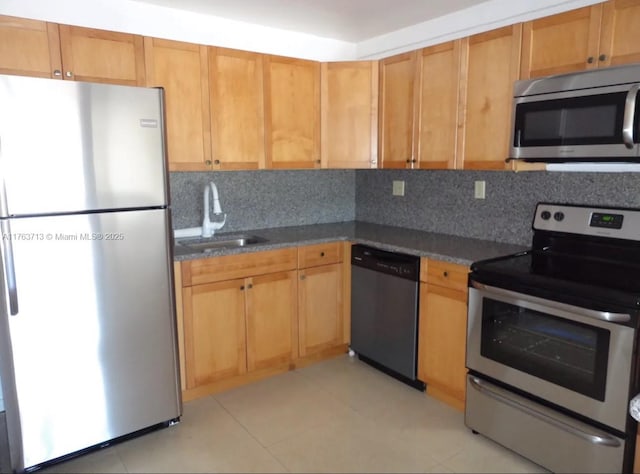 kitchen featuring a sink, stainless steel appliances, tasteful backsplash, and dark countertops