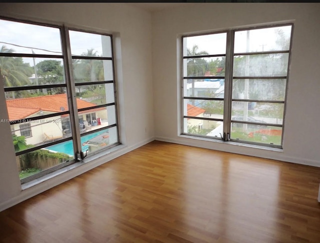 spare room featuring a healthy amount of sunlight, baseboards, and wood finished floors