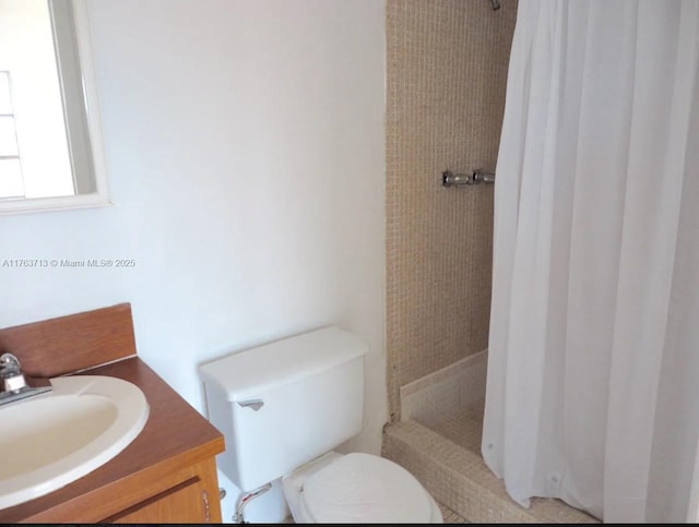 bathroom featuring a shower stall, vanity, and toilet