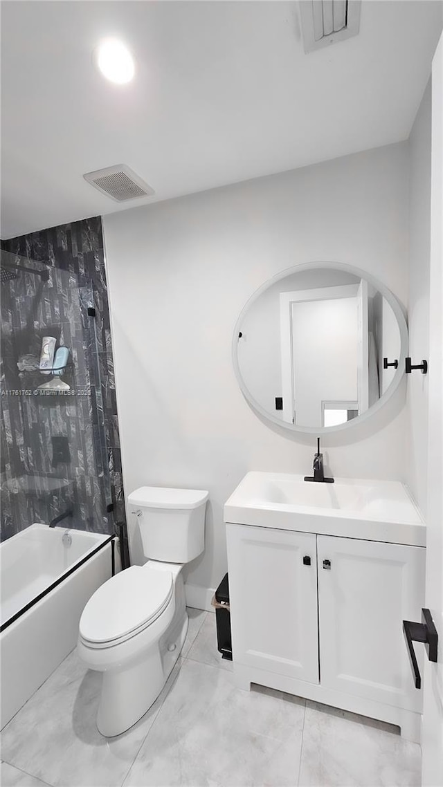 full bath with visible vents, tub / shower combination, toilet, and vanity