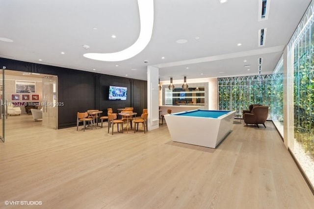 recreation room with recessed lighting, light wood-style flooring, and pool table