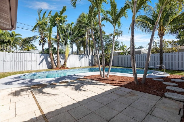 view of swimming pool with a patio area, a fenced in pool, and a fenced backyard