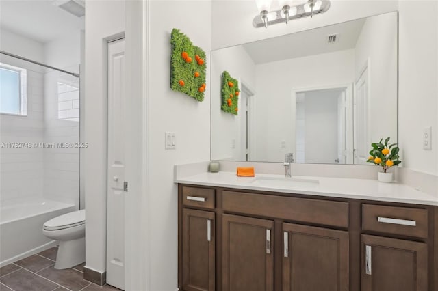 full bathroom with visible vents, shower / washtub combination, toilet, tile patterned floors, and vanity