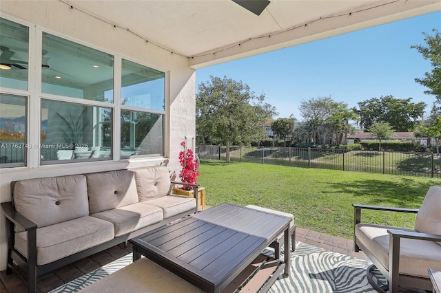 view of patio with an outdoor hangout area and a fenced backyard