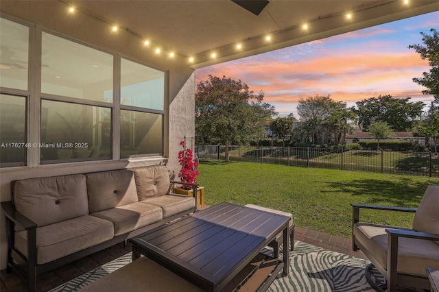 view of patio featuring a fenced backyard and an outdoor hangout area