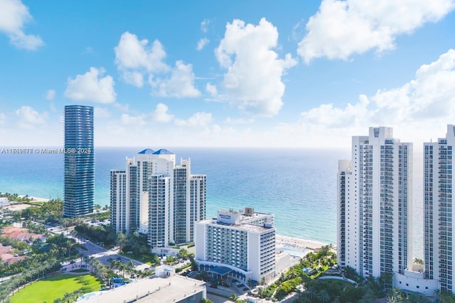 birds eye view of property with a city view and a water view