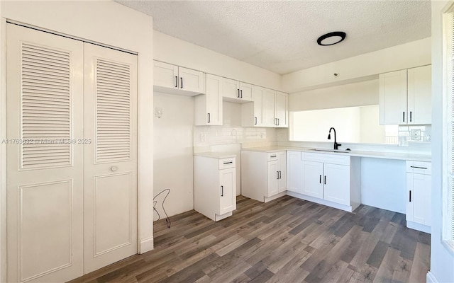 kitchen featuring a sink, dark wood-type flooring, white cabinets, a textured ceiling, and tasteful backsplash