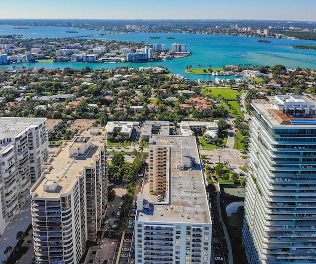 aerial view with a city view and a water view