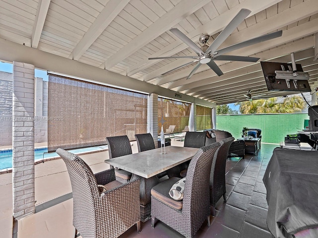 view of patio / terrace with outdoor dining space, an outdoor living space, a ceiling fan, and an outdoor pool