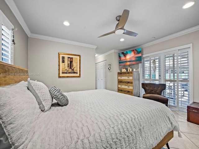 bedroom featuring recessed lighting, light tile patterned flooring, and ornamental molding