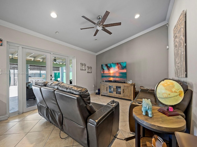 living room with light tile patterned flooring, french doors, ceiling fan, and ornamental molding