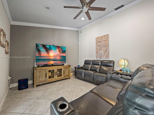 living room featuring baseboards, visible vents, light tile patterned flooring, ornamental molding, and ceiling fan