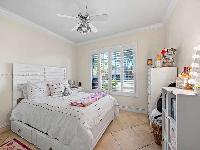 bedroom with crown molding, light tile patterned floors, a ceiling fan, and baseboards