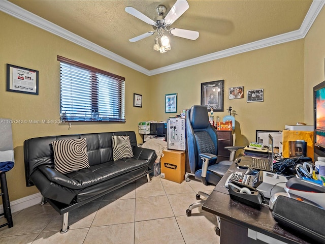 tiled office with a textured ceiling, a ceiling fan, and ornamental molding