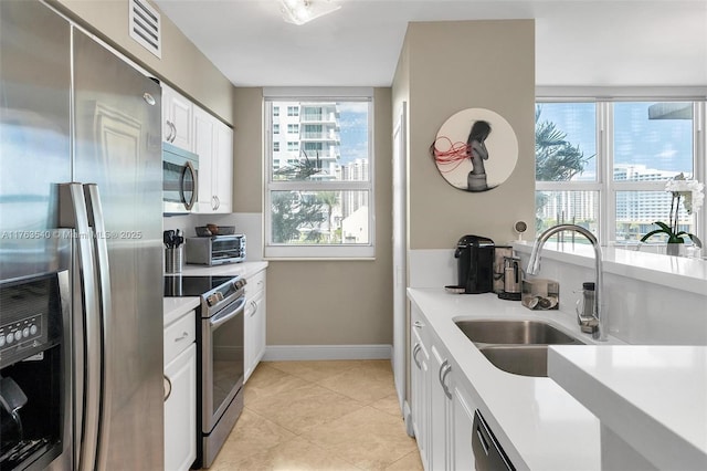 kitchen with visible vents, a sink, stainless steel appliances, white cabinets, and light countertops