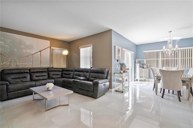 7546 NW 18th Dr, Pembroke Pines, FL 33024 - living room featuring light tile patterned floors and a chandelier