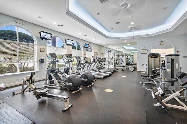 7546 NW 18th Dr, Pembroke Pines, FL 33024 - gym with a ceiling fan, recessed lighting, baseboards, visible vents, and a raised ceiling