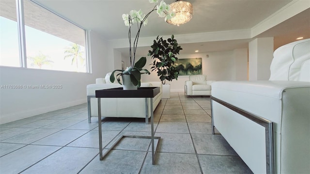 living room featuring light tile patterned floors and baseboards