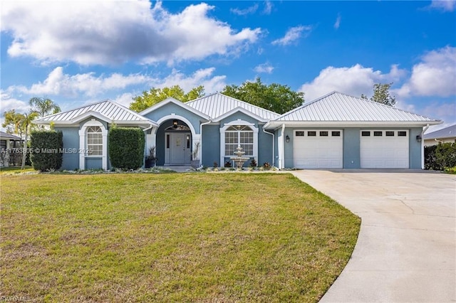 ranch-style house with stucco siding, driveway, a front yard, and an attached garage