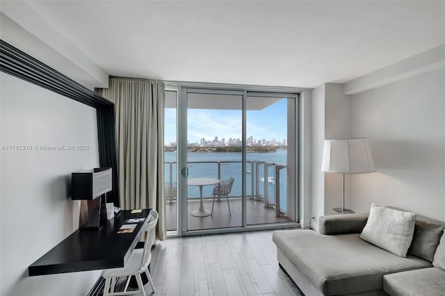 living room featuring a wall of windows, light wood-style flooring, and a view of city