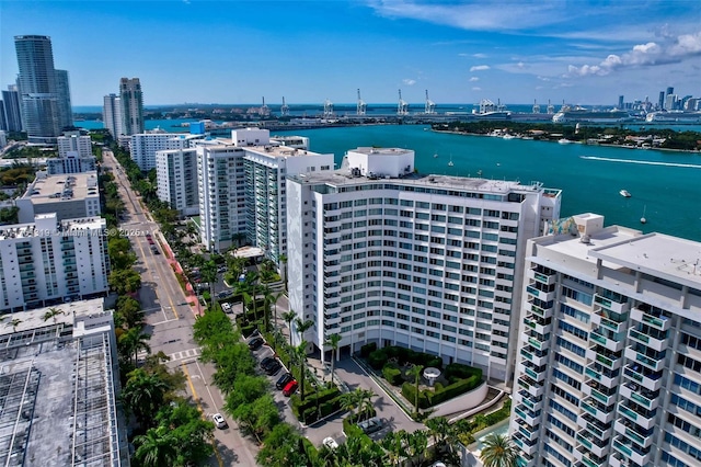 birds eye view of property with a city view and a water view