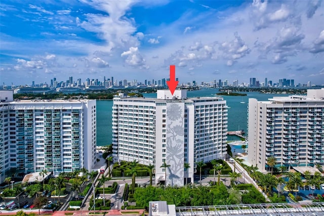 aerial view featuring a view of city and a water view