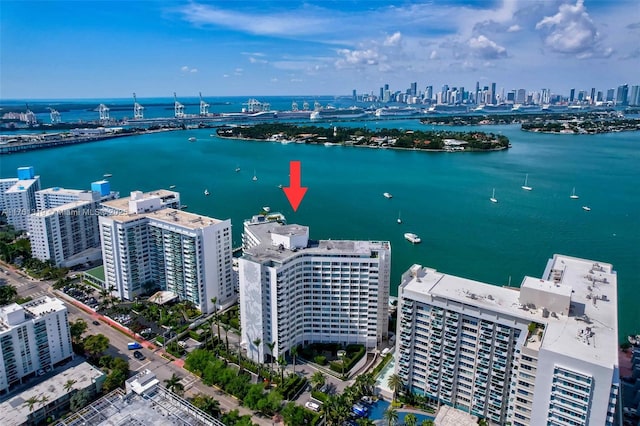 bird's eye view with a view of city and a water view