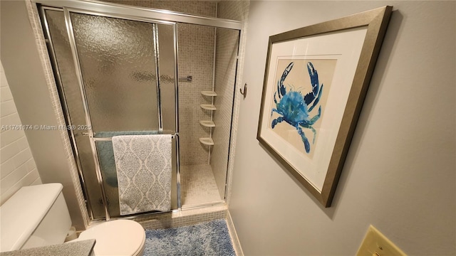 bathroom featuring a stall shower and toilet