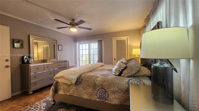 bedroom with a textured ceiling, crown molding, and a ceiling fan