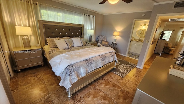 bedroom with visible vents, multiple windows, ensuite bathroom, and crown molding