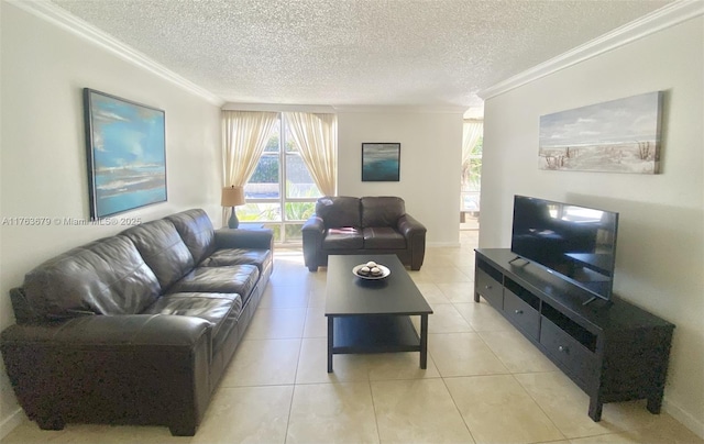 living area featuring ornamental molding, a textured ceiling, and light tile patterned flooring