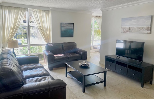 living room with light tile patterned floors, a textured ceiling, crown molding, and plenty of natural light