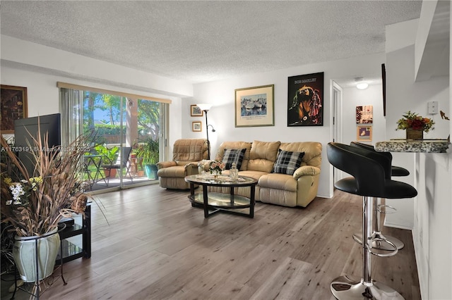 living area featuring wood finished floors and a textured ceiling