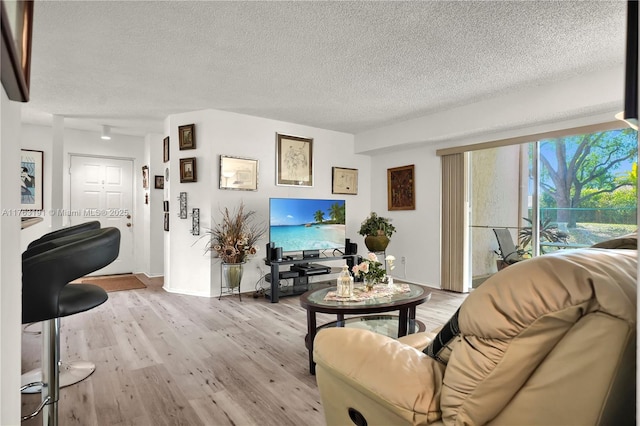 living room featuring baseboards, a textured ceiling, and light wood-style floors