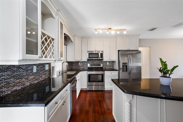 kitchen featuring visible vents, dark wood-type flooring, a sink, appliances with stainless steel finishes, and decorative backsplash