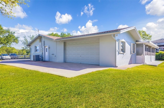 view of home's exterior featuring stucco siding, a lawn, fence, cooling unit, and a sunroom