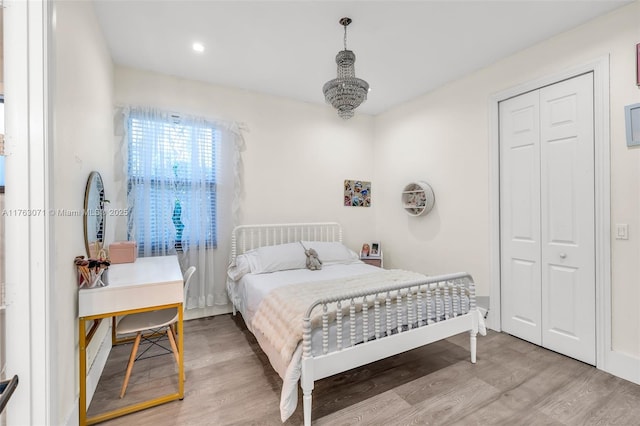 bedroom featuring wood finished floors and a closet