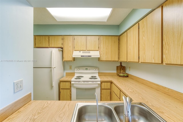 kitchen with white appliances, light brown cabinets, a sink, light countertops, and under cabinet range hood