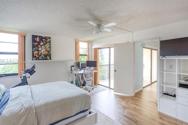 bedroom featuring ceiling fan, a textured ceiling, access to exterior, and light wood finished floors