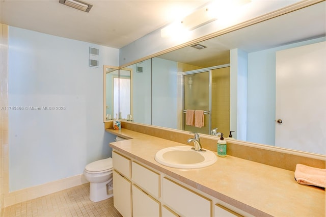 full bathroom featuring vanity, visible vents, tile patterned flooring, a shower stall, and toilet