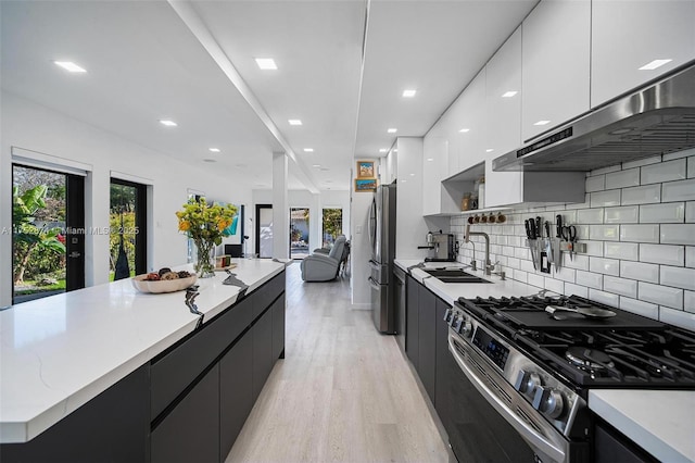 kitchen with modern cabinets, a sink, under cabinet range hood, appliances with stainless steel finishes, and white cabinets