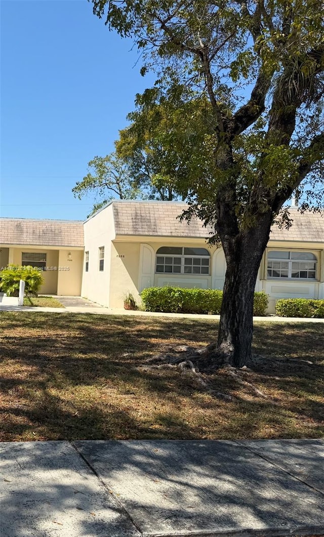 ranch-style house featuring stucco siding and a front lawn