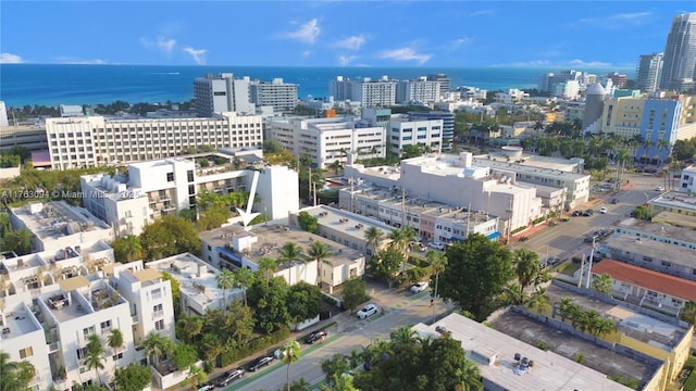 drone / aerial view featuring a view of city and a water view