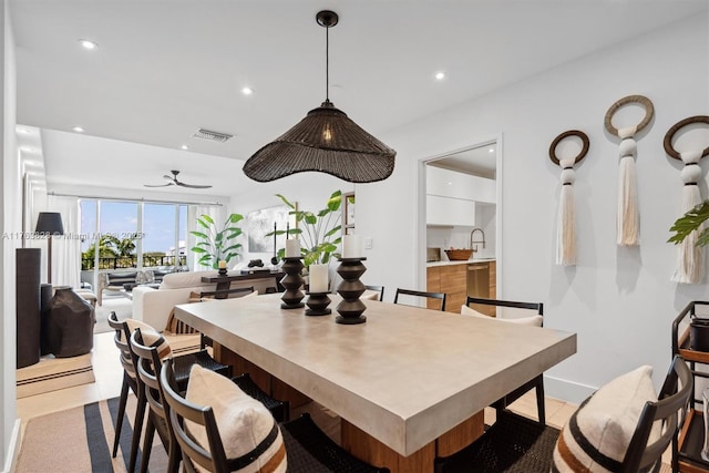 dining room with recessed lighting, visible vents, and ceiling fan