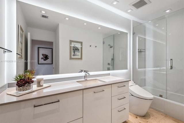 full bathroom featuring toilet, an enclosed shower, vanity, and visible vents